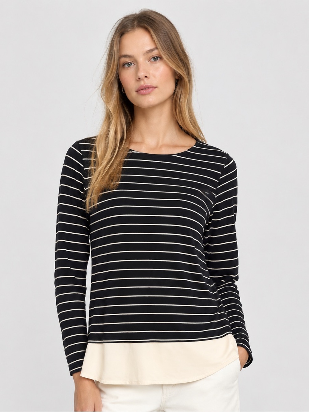 Ralph Lauren Black & Cream Striped Layered-Hem Long Sleeve Top